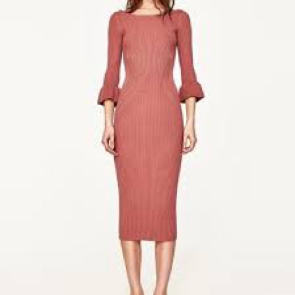 Zara Ribbed Knit Midi Dress Bell Sleeve Rose Blush Size L